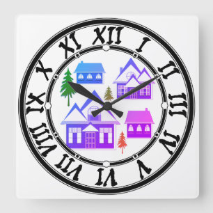 Seamless Merry Christmas violet pink houses green Square Wall Clock