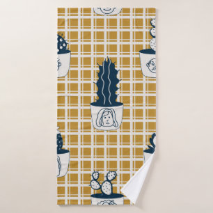 Seamless modern pattern with potted cacti, cute fa bath towel
