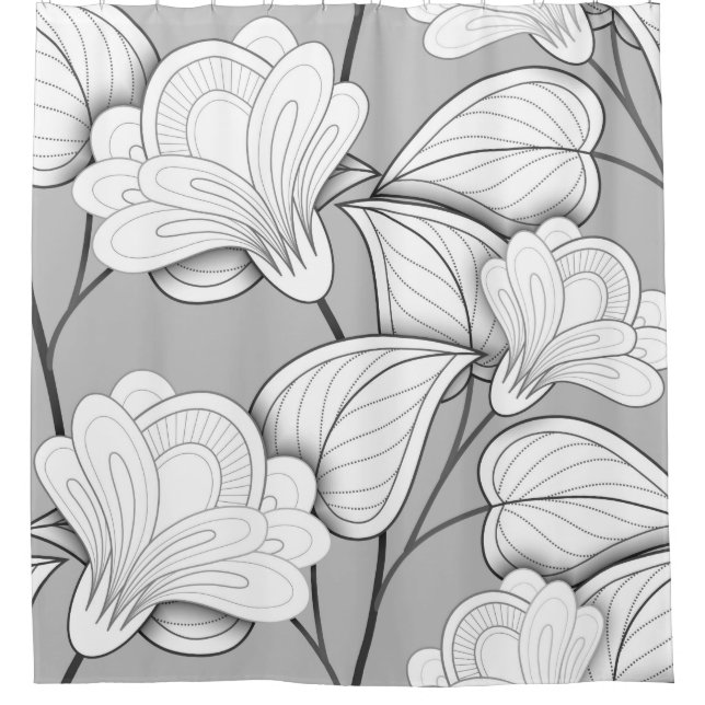 Seamless Monochrome Floral Pattern. Hand Drawn Flo Shower Curtain (Front)