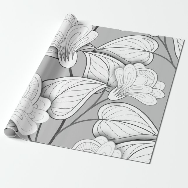 Seamless Monochrome Floral Pattern. Hand Drawn Flo Wrapping Paper (Unrolled)