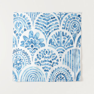 Seamless moroccan pattern. Wavy vintage tile. Blue Tapestry