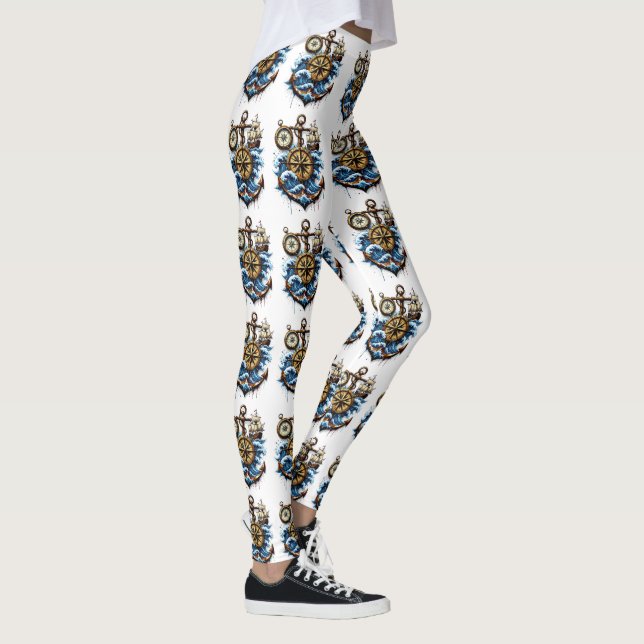 Seamless Nautical Pattern with Anchor, Compass, Wa Leggings (Right)