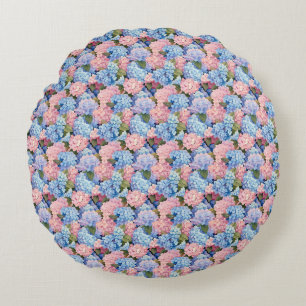 Seamless Of Pink and Blue Hydrangea Flowers Round Cushion