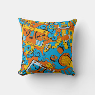 Seamless old school pattern, robots and tapes cushion