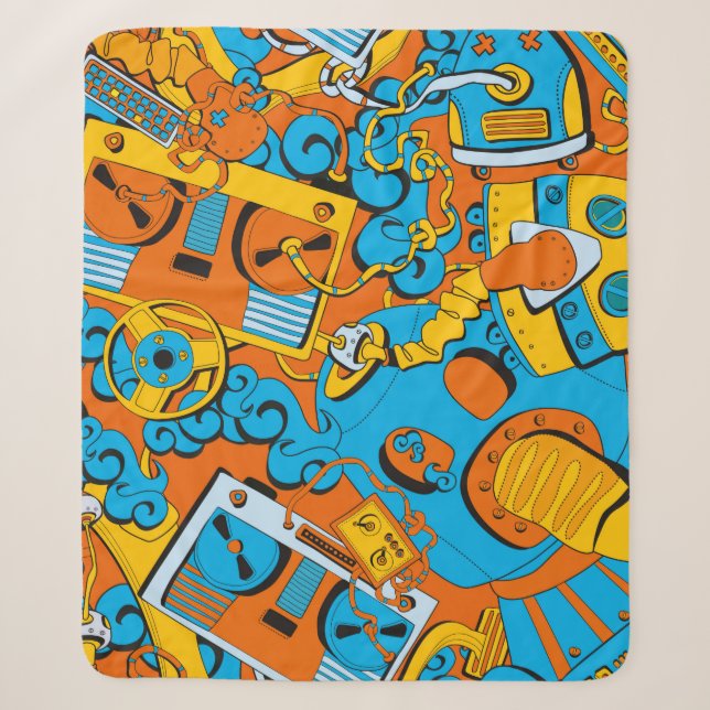 Seamless old school pattern, robots and tapes sherpa blanket (Front)