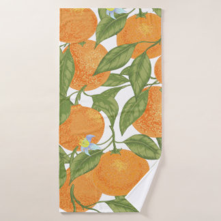 Seamless orange mandarin tangerine with leaves and bath towel