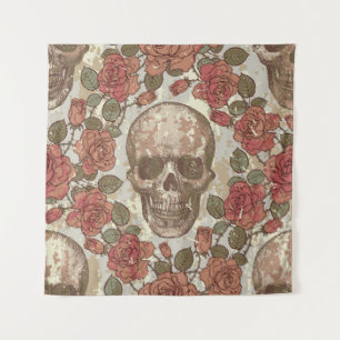 Seamless ornament in a retro style with skulls and tapestry