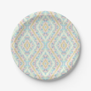 Seamless ornamental pastel green blue beige decor paper plate