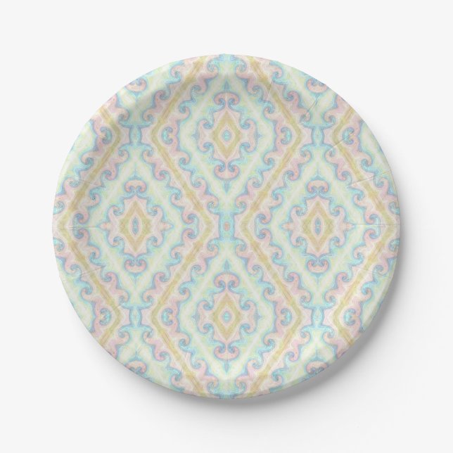 Seamless ornamental pastel green blue beige decor paper plate (Front)