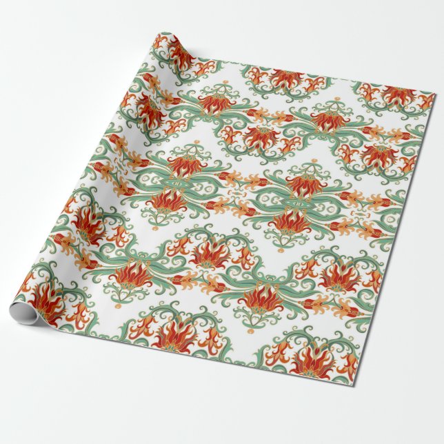 Seamless ornamental pattern with stylised red flow wrapping paper (Unrolled)