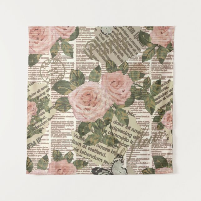 Seamless Paris travel wallpaper. Vintage newspaper Tapestry (Front)