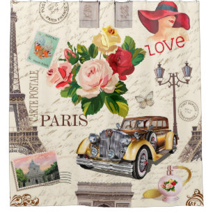 Seamless Paris vintage background with retro car, Shower Curtain