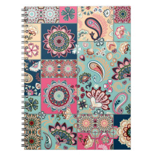 Seamless patchwork background with paisley and flo notebook