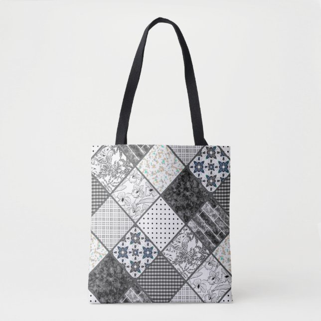 Seamless patchwork monochrom black grey white patc tote bag (Front)