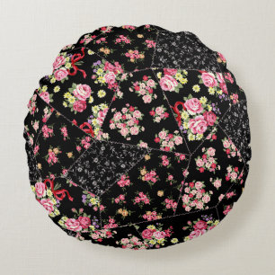 Seamless patchwork of pretty floral design round cushion