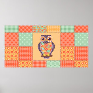 Seamless patchwork owl pattern. Vintage background Poster