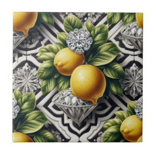 Seamless Pattern B&W Art Deco Lemons and Diamonds Tile