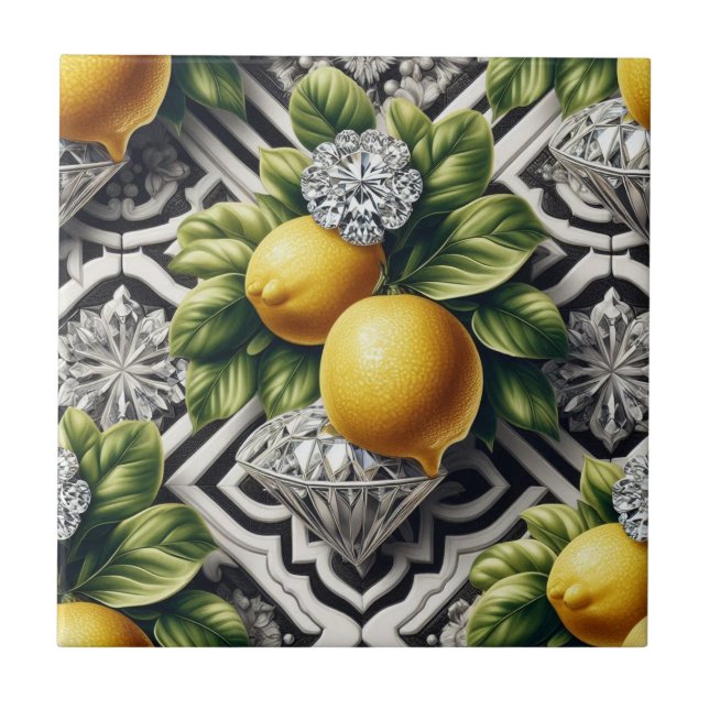 Seamless Pattern B&W Art Deco Lemons and Diamonds Tile (Front)