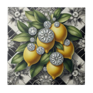 Seamless Pattern B&W Art Deco Lemons and Diamonds Tile