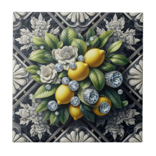 Seamless Pattern B&W Art Deco Lemons and Diamonds Tile