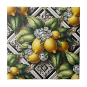 Seamless Pattern B&W Art Deco Lemons and Diamonds Tile