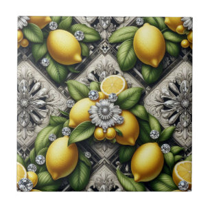 Seamless Pattern B&W Art Deco Lemons and Diamonds Tile