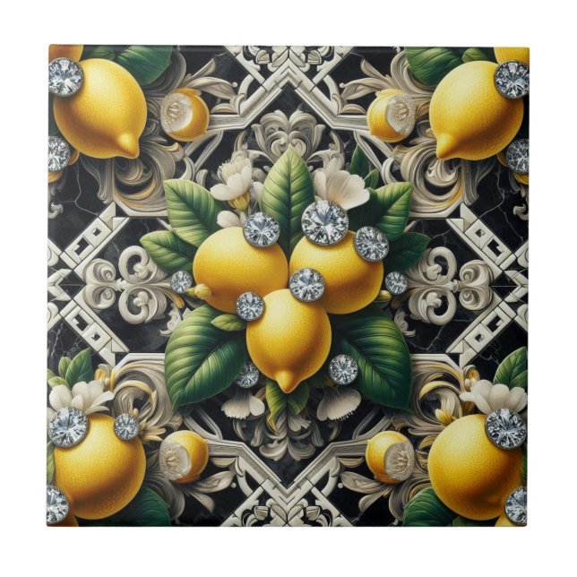 Seamless Pattern B&W Art Deco Lemons and Diamonds Tile (Front)