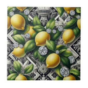 Seamless Pattern B&W Art Deco Lemons and Diamonds Tile