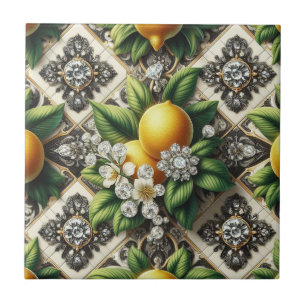 Seamless Pattern B&W Art Deco Lemons and Diamonds Tile
