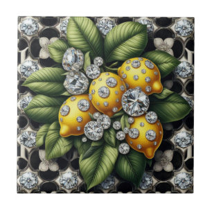 Seamless Pattern B&W Art Deco Lemons and Diamonds Tile
