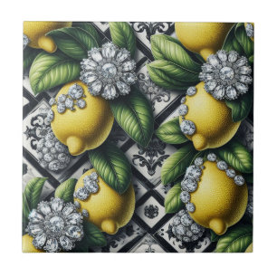 Seamless Pattern B&W Art Deco Lemons and Diamonds Tile