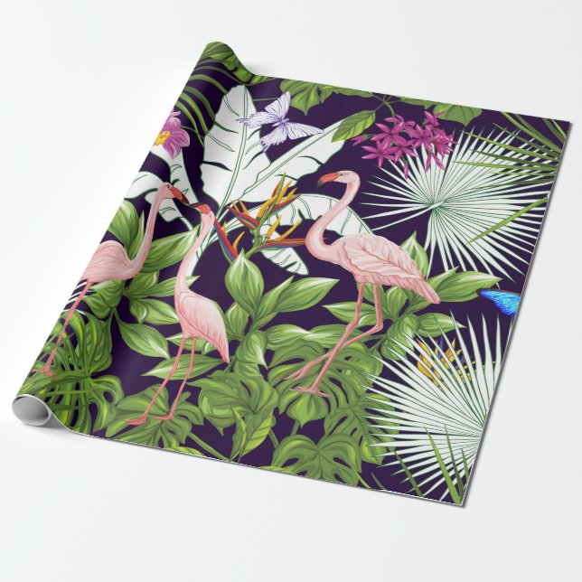 Seamless pattern, background with flamingo and tro wrapping paper (Unrolled)