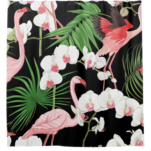 Seamless pattern, background with tropical plants, shower curtain (Front)