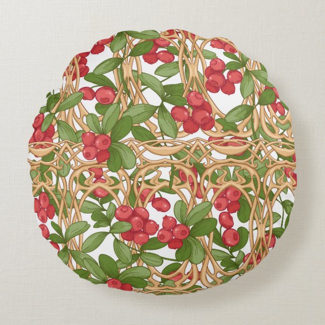 Seamless pattern cranberry in a wicker basket made round cushion (Front)