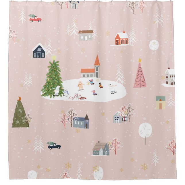 Seamless pattern Cute Christmas landscape in the t Shower Curtain (Front)
