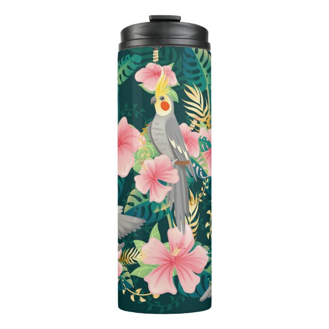 Seamless pattern cute cockatiel parrot sits on gre thermal tumbler (Front)