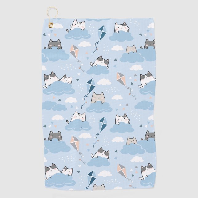 Seamless Pattern Cute Kawaii Cats clouds kite Golf Towel (Front)