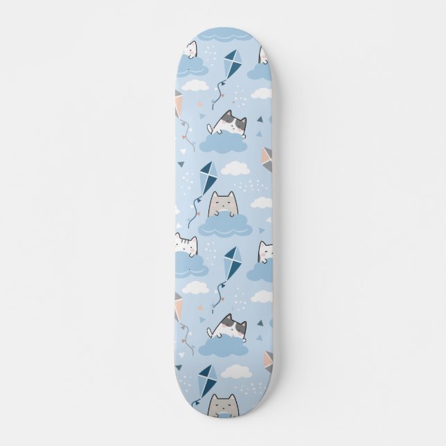 Seamless Pattern Cute Kawaii Cats clouds kite Skateboard (Front)