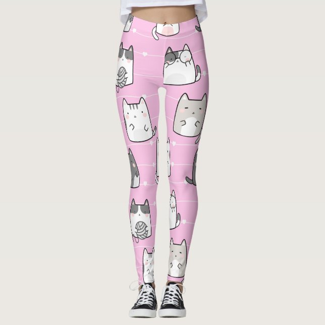 Seamless Pattern Cute Kawaii Cats heart line Leggings (Front)