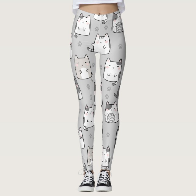 Seamless Pattern Cute Kawaii Cats Leggings (Front)