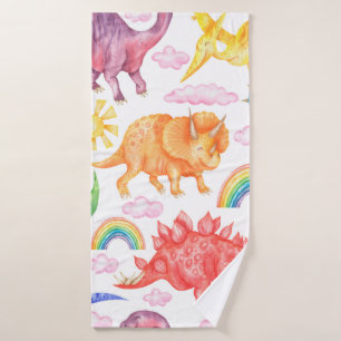 Seamless pattern depicting colored dinosaurs, rain bath towel