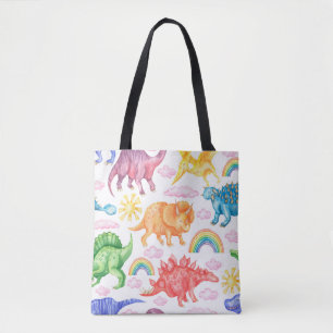 Seamless pattern depicting colored dinosaurs, rain tote bag
