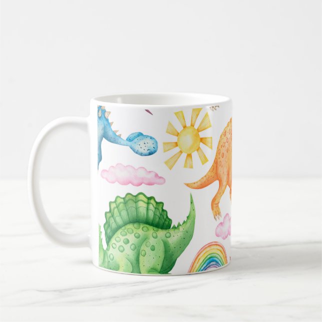 Seamless pattern depicting coloured dinosaurs, rai coffee mug (Left)