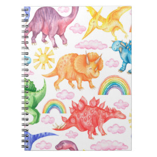 Seamless pattern depicting coloured dinosaurs, rai notebook