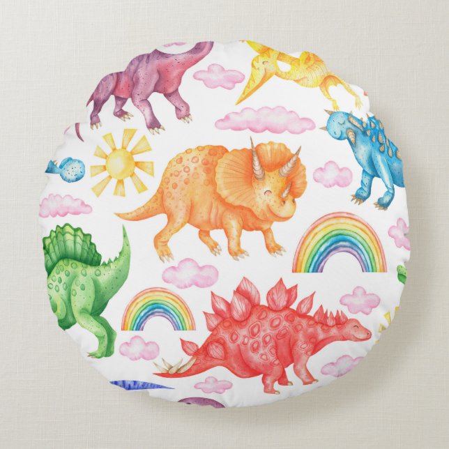 Seamless pattern depicting coloured dinosaurs, rai round cushion (Front)