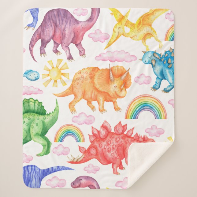 Seamless pattern depicting coloured dinosaurs, rai sherpa blanket (Front)