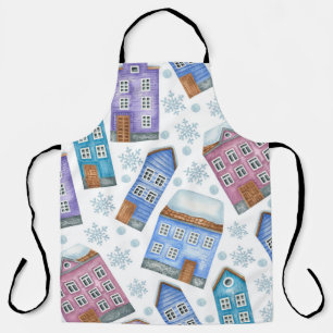 Seamless pattern depicting winter houses and snowf apron