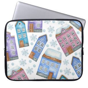 Seamless pattern depicting winter houses and snowf laptop sleeve