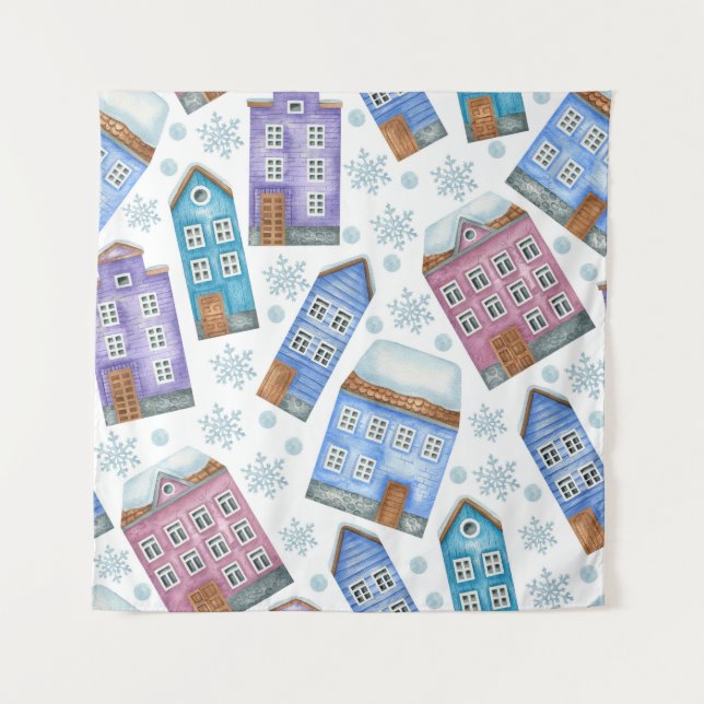 Seamless pattern depicting winter houses and snowf tapestry (Front)