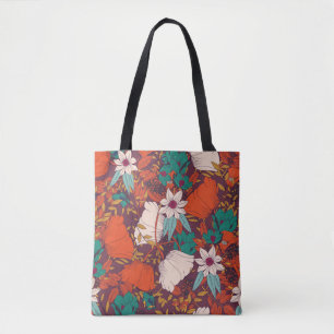 Seamless pattern design with hand drawn flowers an tote bag